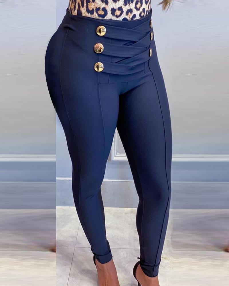 

Criss Cross Double Breasted Decor Skinny Pants, Blue