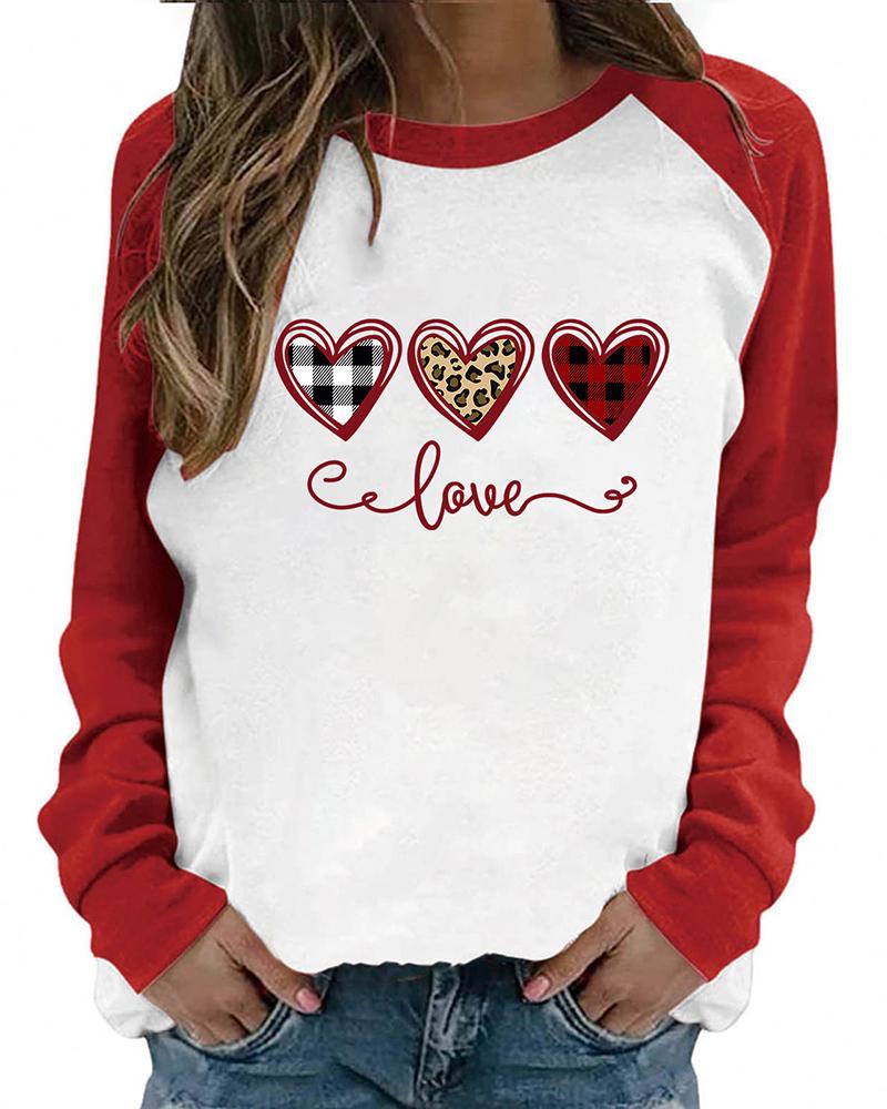 

Valentine' Day Heart Plaid Cheetah Print Long Sleeve Top, Red