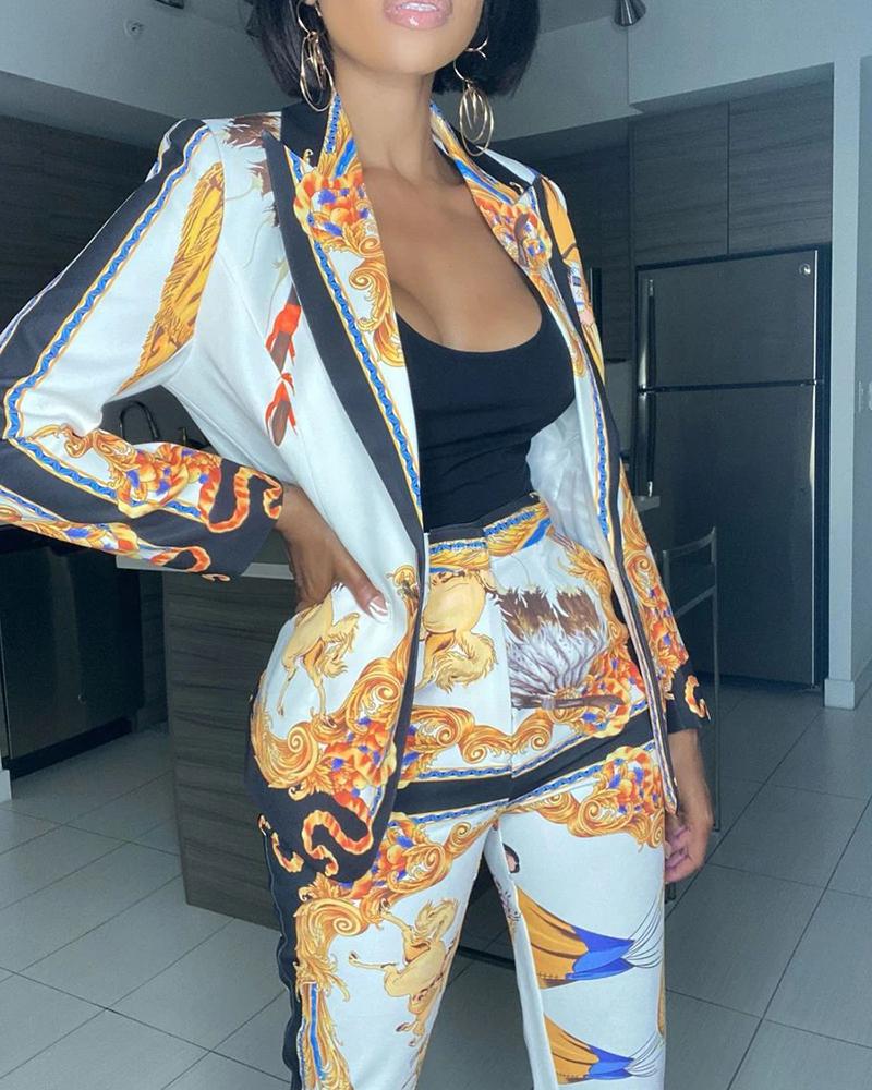 

Baroque Print Blazer Coat & High Waist Pants Set, Yellow
