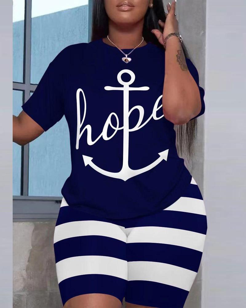 

Plus Size Anchor Letter Print Casual Top & Striped Shorts Set, Blue