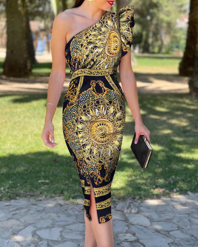 

Scarf Print One Shoulder Flutter Sleeve Split Skinny Dress, Yellow