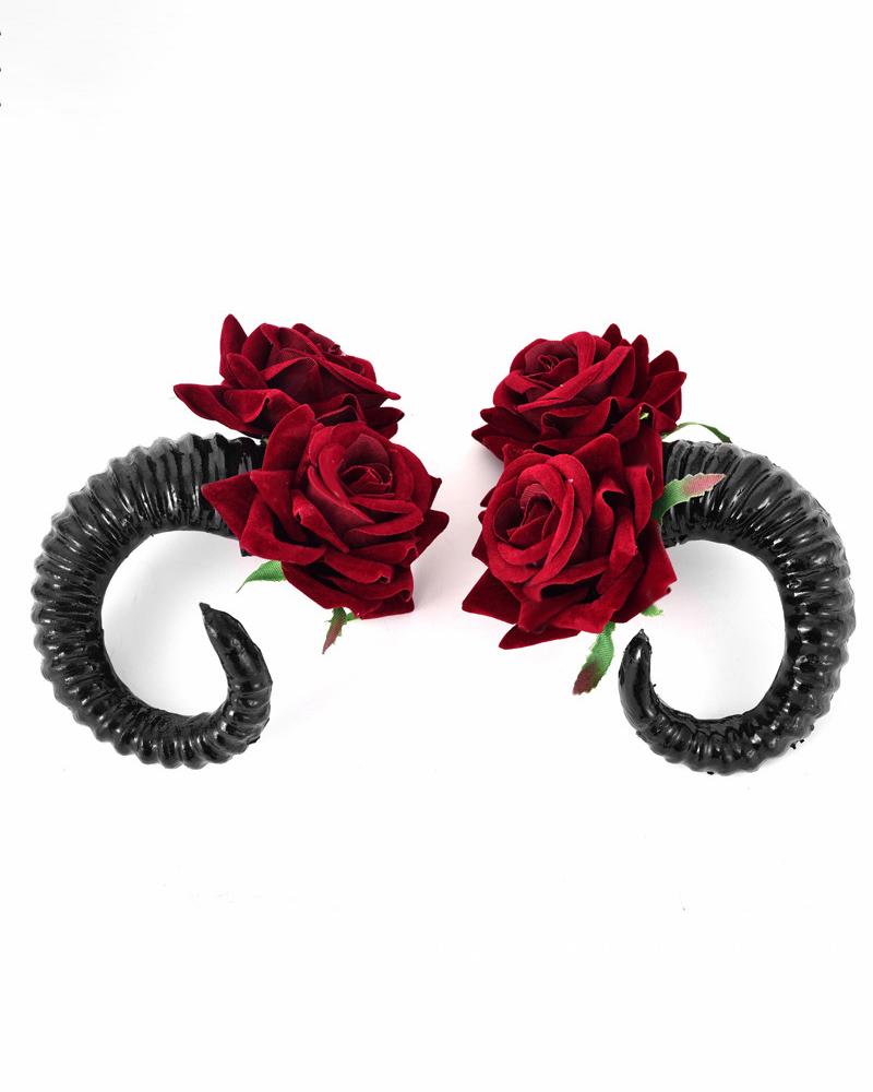 

Gothic Lolita Sheep Horn Hair Clips Velvet Rose Flower Hairpins Halloween Cosplay Party Headpiece, Red
