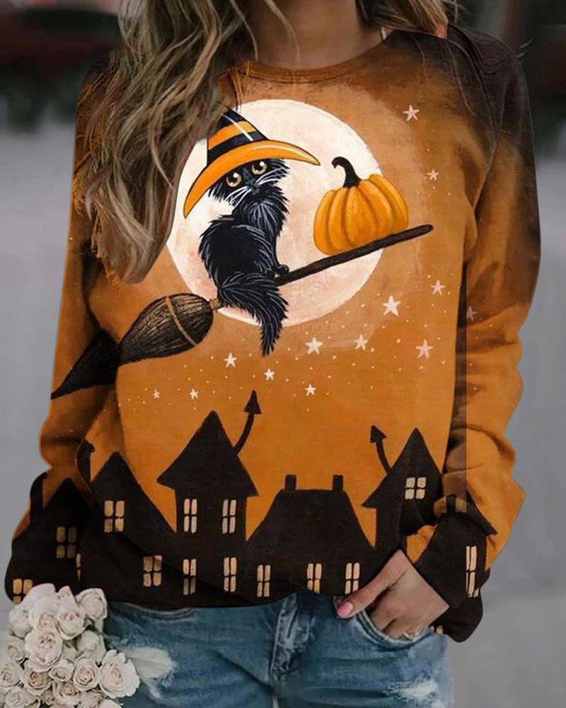 

Halloween Pumpkin Animal Print Long Sleeve Sweatshirt, Yellow