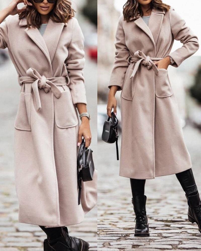 

Long Sleeve Pocket Detail Belted Overcoat, Khaki