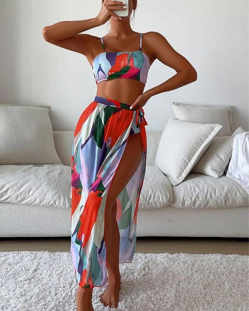 

3PCS Abstract Print Bikini Set With Cover Up, Orange