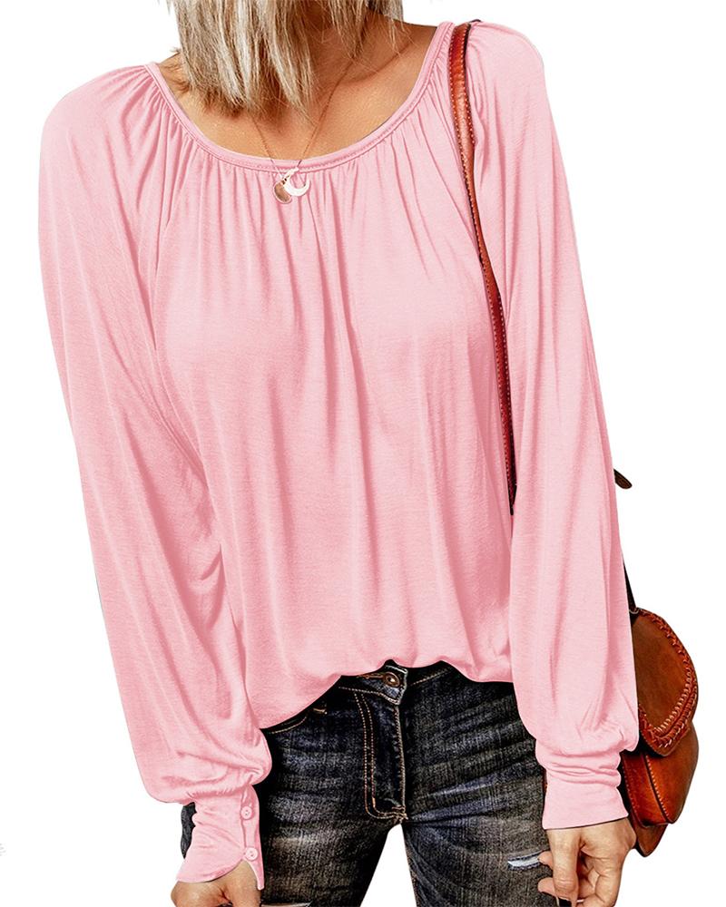

Round Neck Long Sleeve Ruched Top, Pink