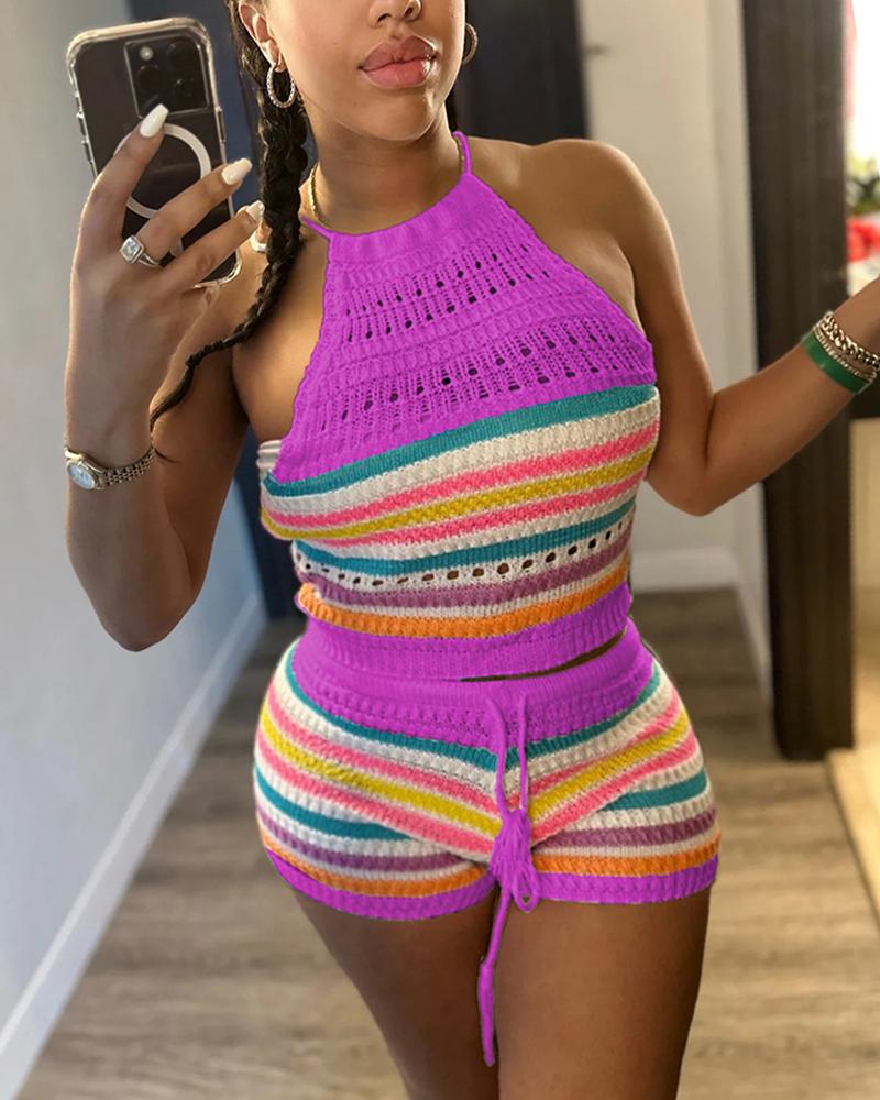 

Striped Hollow Out Sleeveless Top & Drawstring Shorts Set, Purple