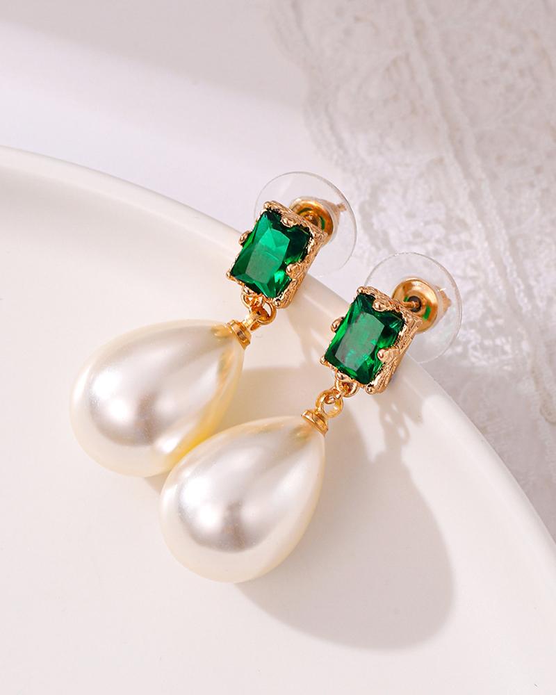 

1Pair Gem Stone Tear Drop Shaped Pearls Earrings, Green