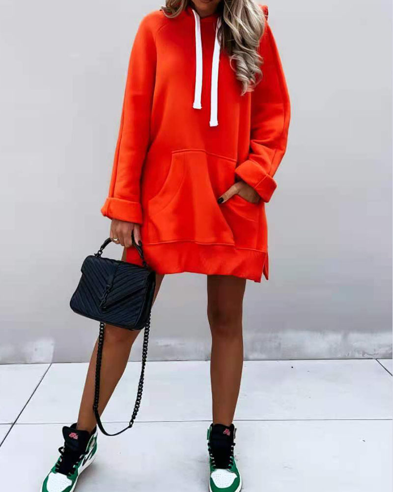 

Drawstring Pocket Design Side Slit Hoodie, Orange