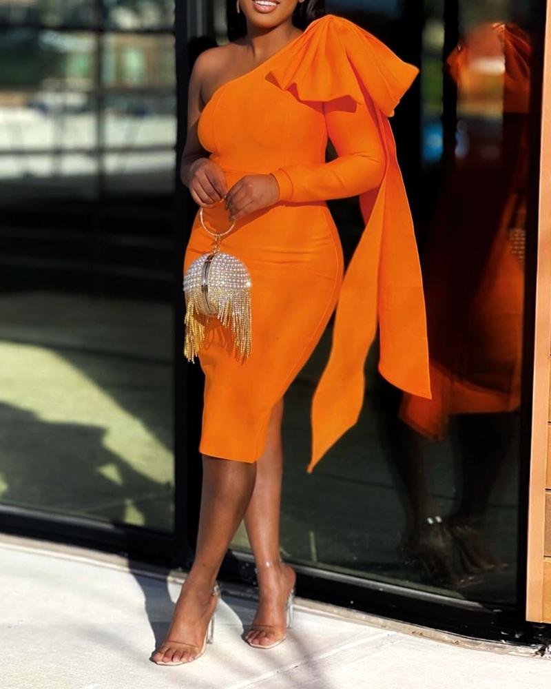 

Plus Size One Shoulder Bowknot Decor Party Dress, Orange