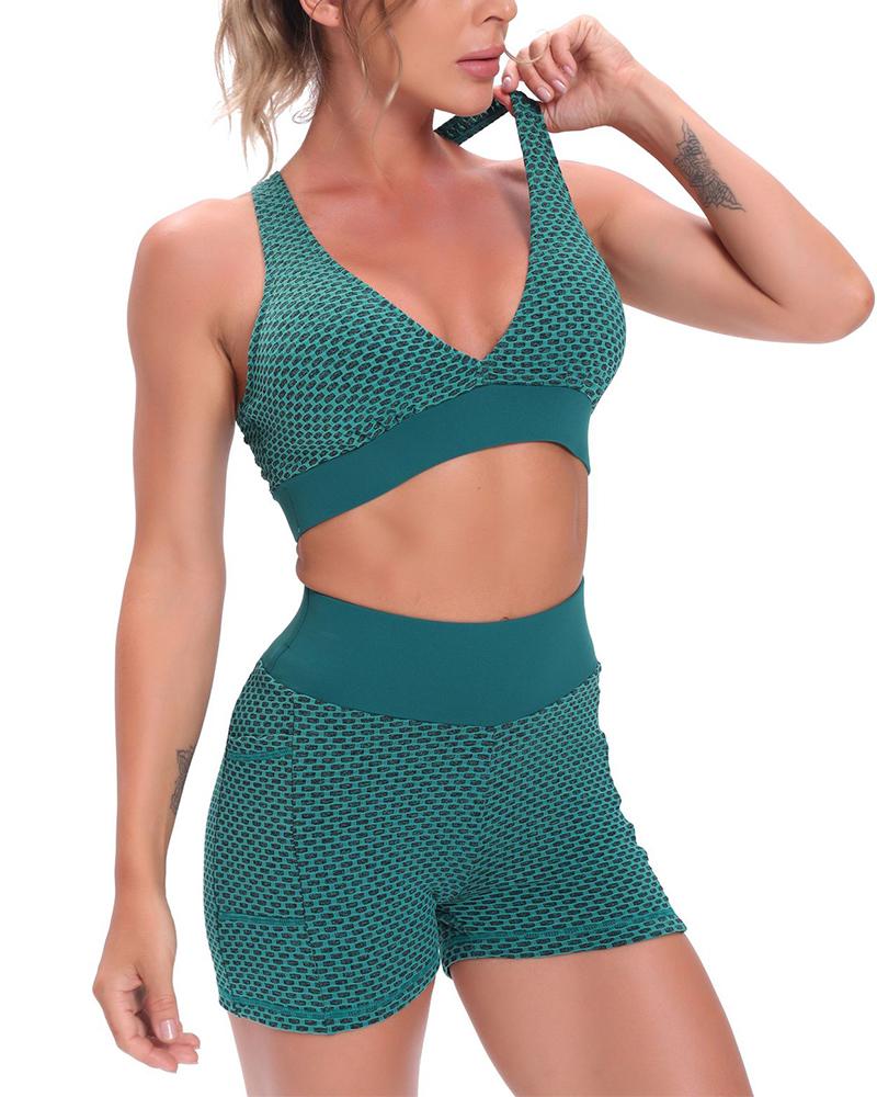 

Sleeveless Patchwork Skinny Fishnet Bras, Green