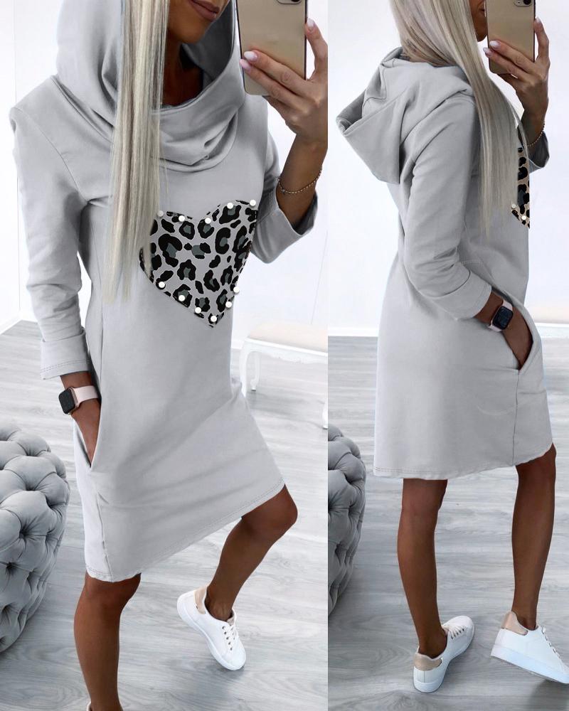 

Leopard Heart Print Hooded Casual Dress, Gray