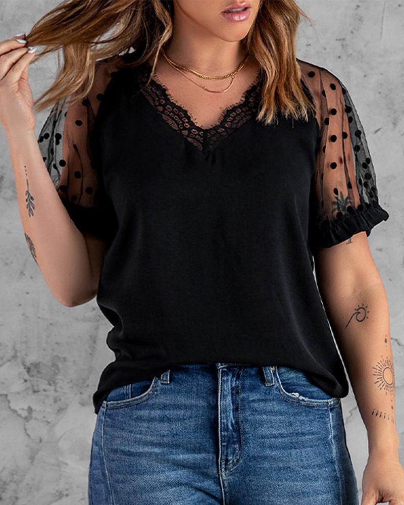 

Dobby Mesh Short Sleeve Lace Trim V-Neck Top, Black
