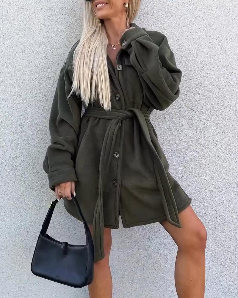 

Pocket Design Buttoned Tied Detail Coat, Green