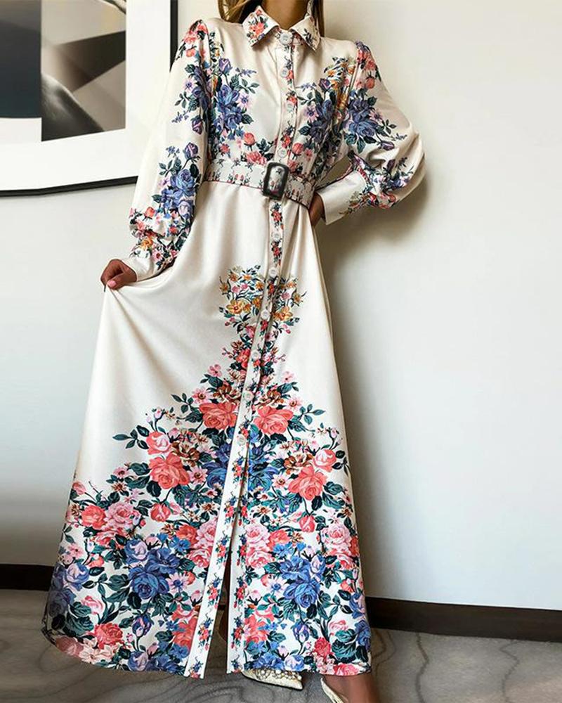 

Floral Print Button Down Lantern Sleeve Belted Shirt Dress, Beige