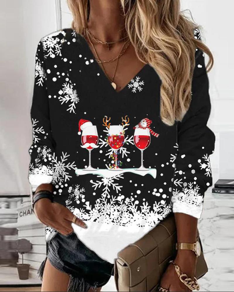 

Christmas Snowflake Wine Glass Print Long Sleeve Top, Black