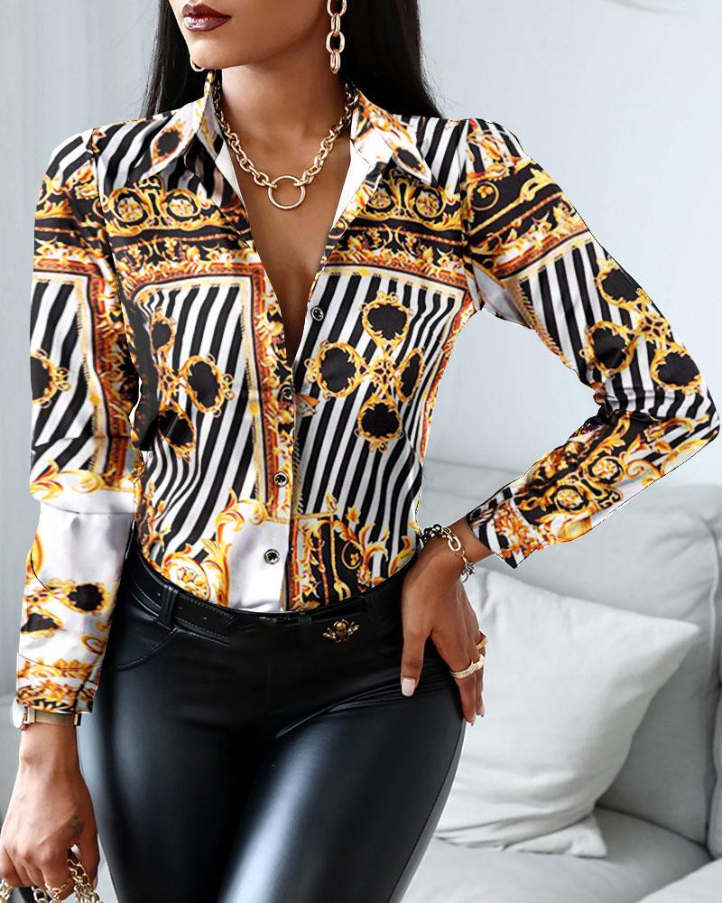 

Baroque Print Long Sleeve Button Up Top, Multicolor