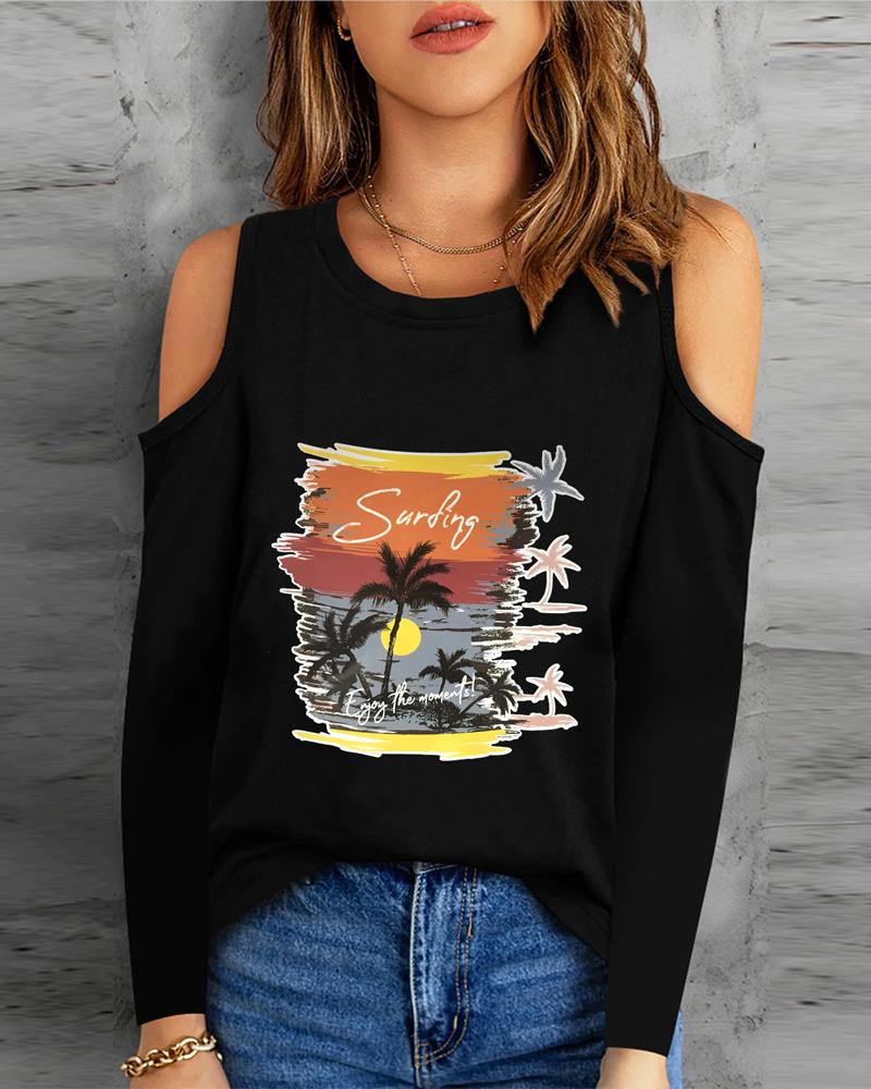 

Landscape Print Cold Shoulder Top, Black