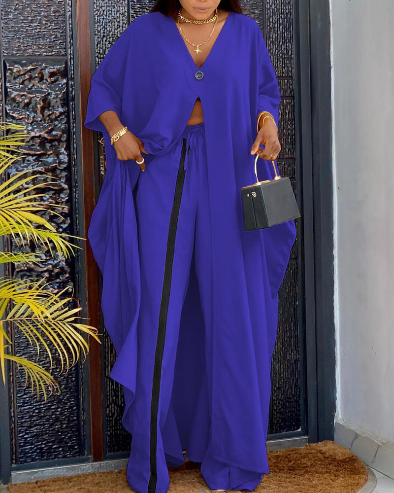 

Long Sleeve Slit Longline Top & Contrast Paneled Pants Set, Blue