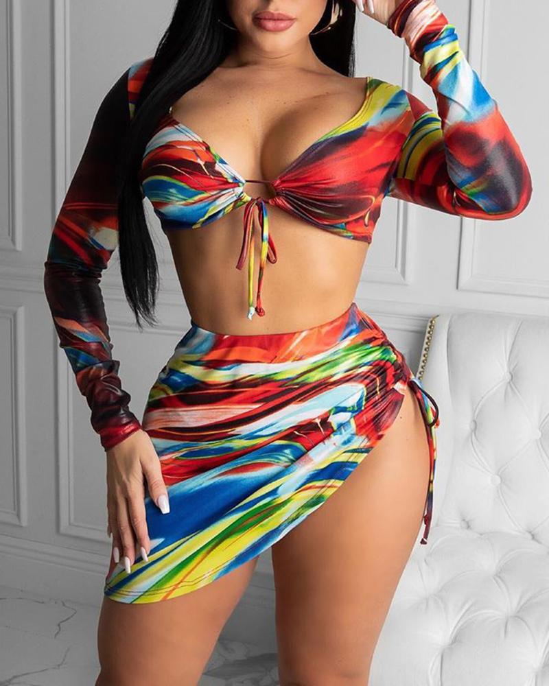 

3PCS Tie Dye Print Tied Detail Drawstring Bikini Set With Cover Up, Red