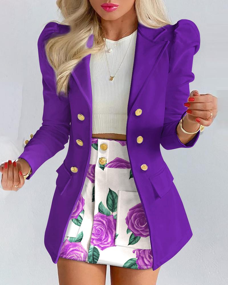 

Puff Sleeve Double Breasted Blazer & Floral Print Skirt Set, Purple