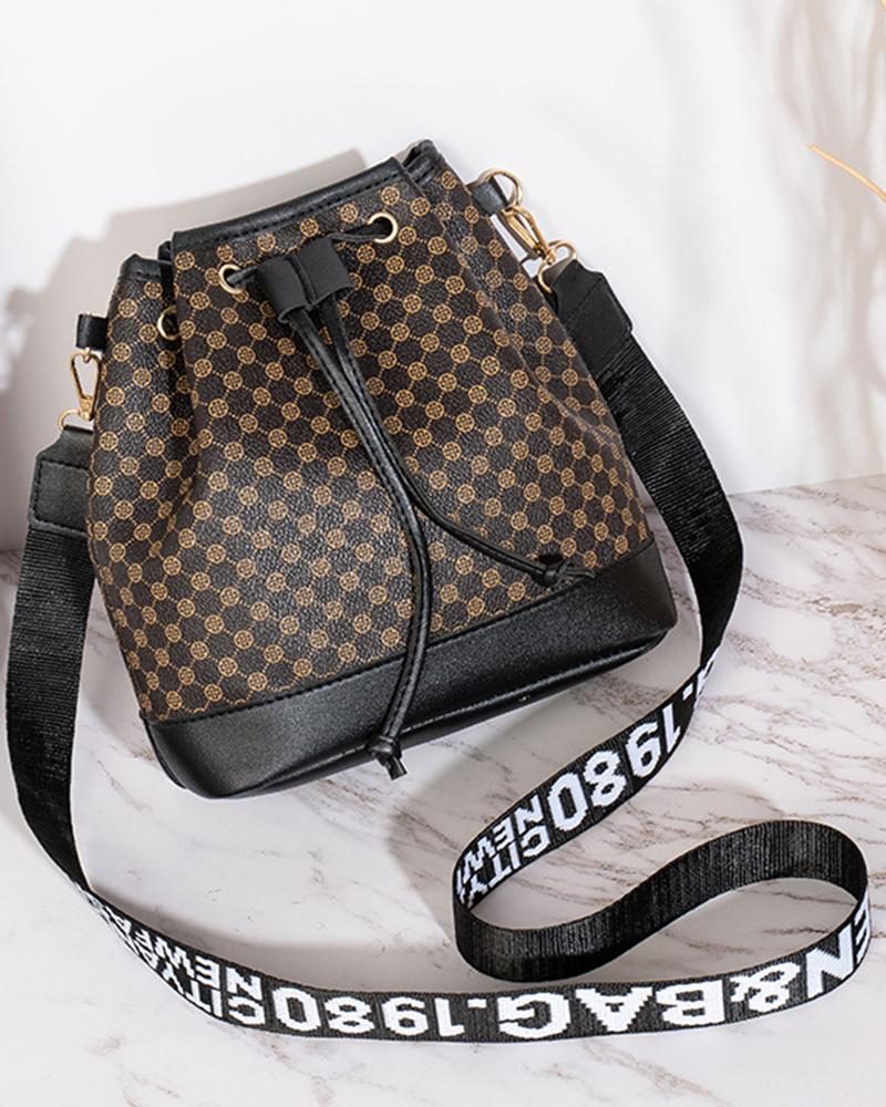 

Graphic Print Drawstring Bucket Crossbody Shoulder Bag, Black
