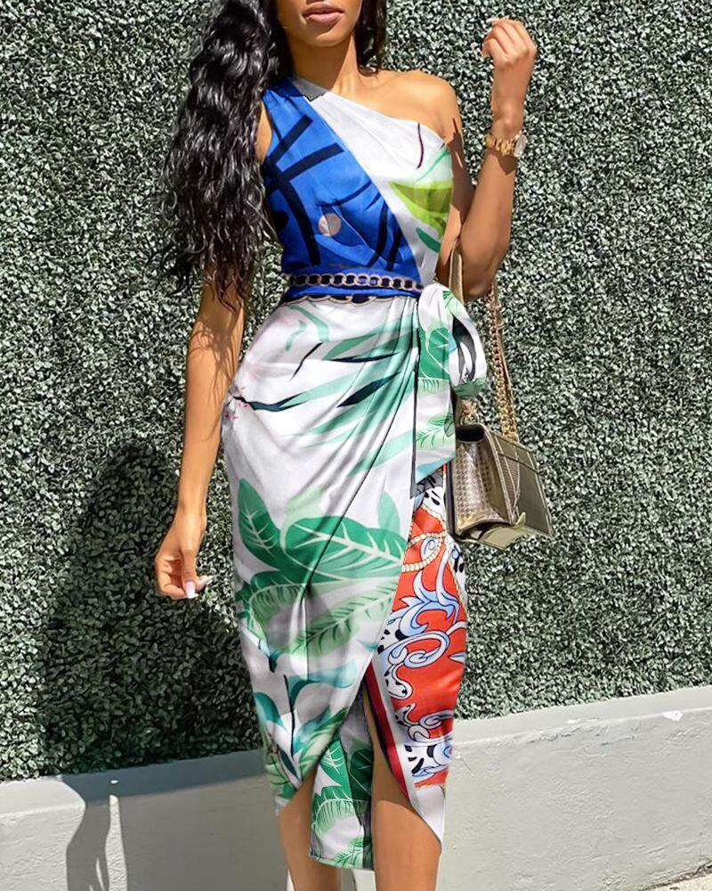 

One Shoulder Graphic Print Tied Detail Dress With Belt, Multicolor