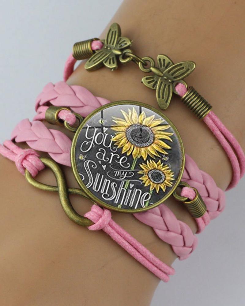 

1pc Sunflower You Are My Sunshine Butterfly Multi-Layer Braided Bracelet, Pink