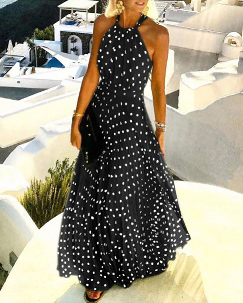 

Polka Dot Print Chiffon Pleated Maxi Dress, Black