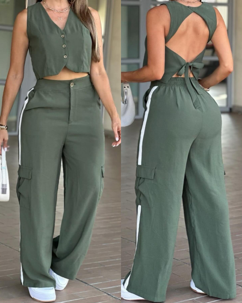 

Ensemble 2 pièces avec débardeur boutonné à col en V et pantalon à imprimé rayé décontracté avec poches, Green