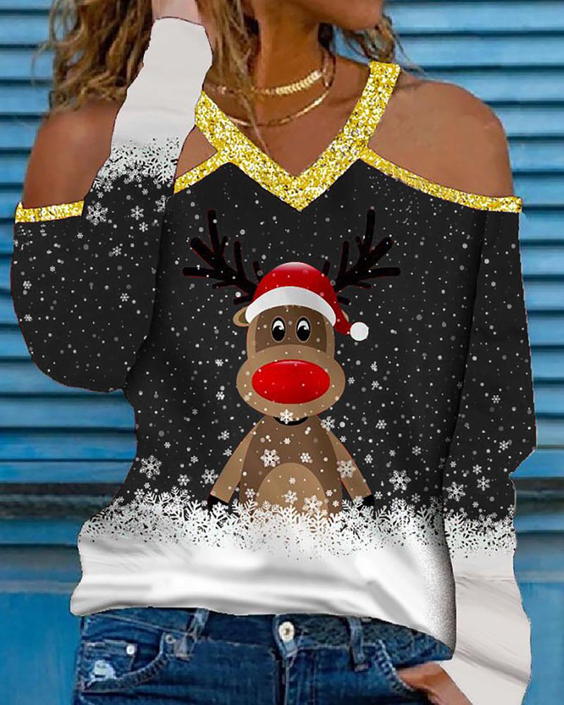 

Christmas Elk Snowflake Print Cold Shoulder Top, Black