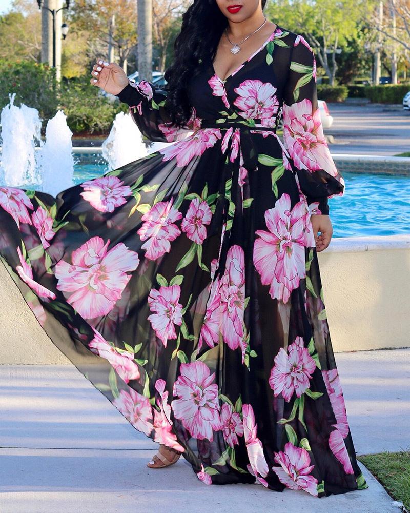 

Plus Size Tropical Print Deep V Belted Warp Maxi Dress, Black