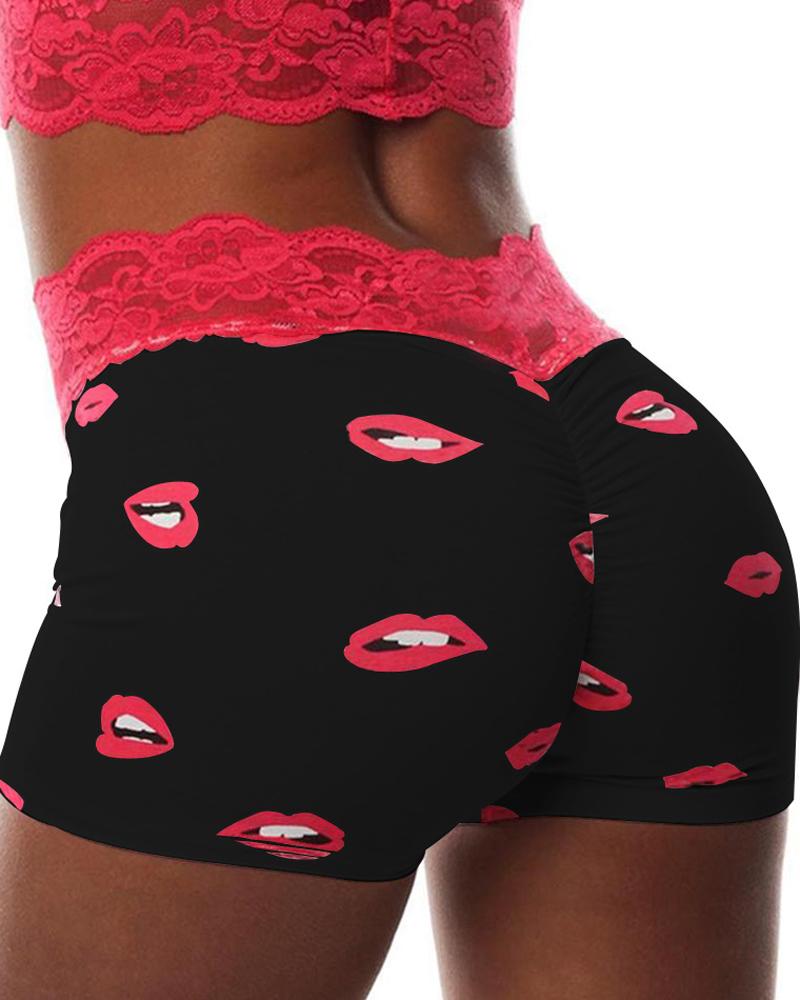 

Lip Print Lace Trim High Waist Panty, Black