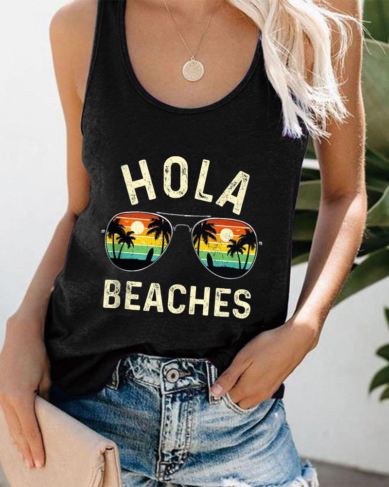 

Coconut Tree Sunglasses Landscape Letter Print Graphic Tee Summer Beach Vest Tank Top, Black