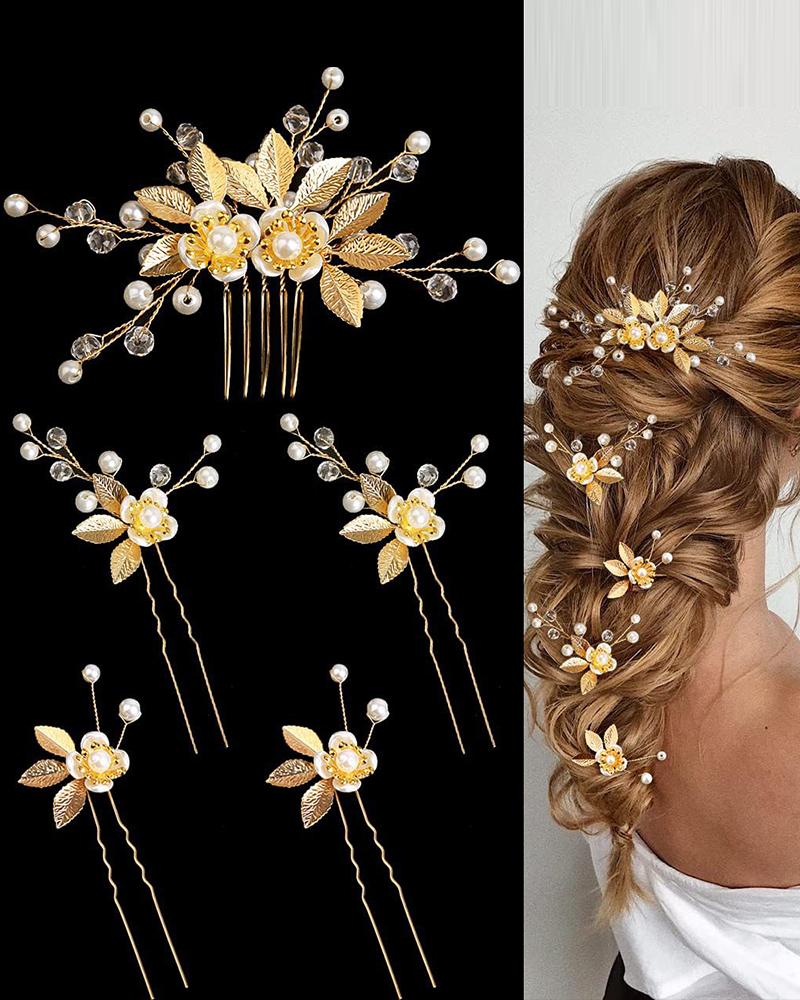 

5pcs Gloden Leaf Floral Pearl Hairpin Wedding Bridal Hair Accessories Set, Gold