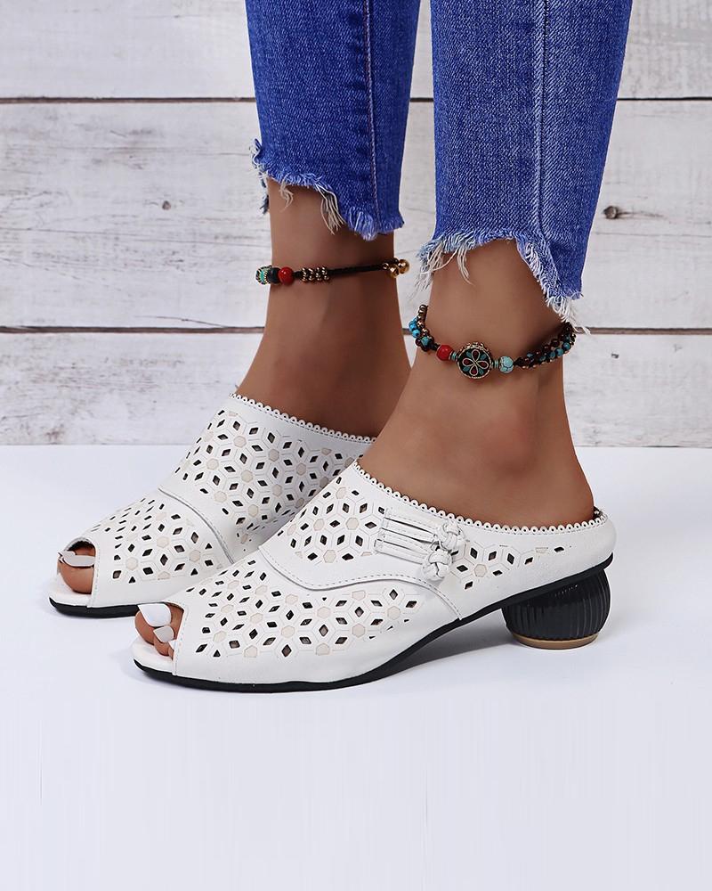 

Round-toe Solid Color Hollow-out PU Leather Fish Mouth Low Heels, White