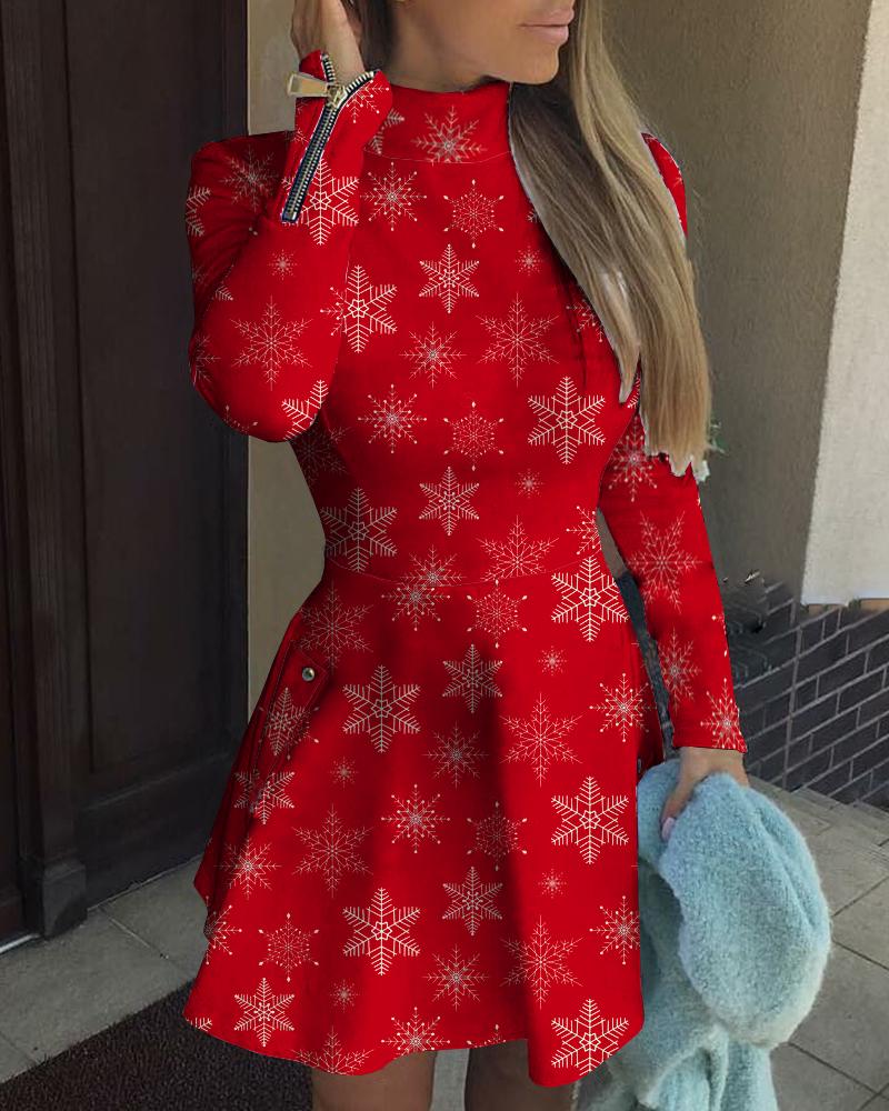 

Christmas Snowflake Print Zip Decor Dress1, Red