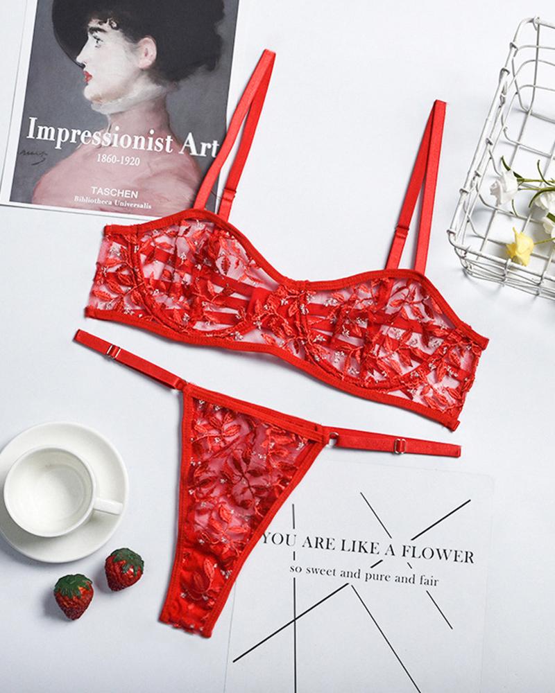 

Sexy Splicing Floral Embroidery Sling Bra Sets 2PC, Red