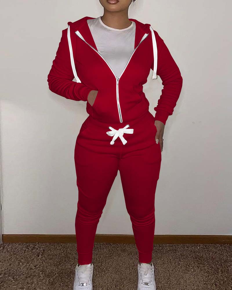 

Pocket Detail Zip Up Hooded Top & Drawstring Pants Set, Wine red