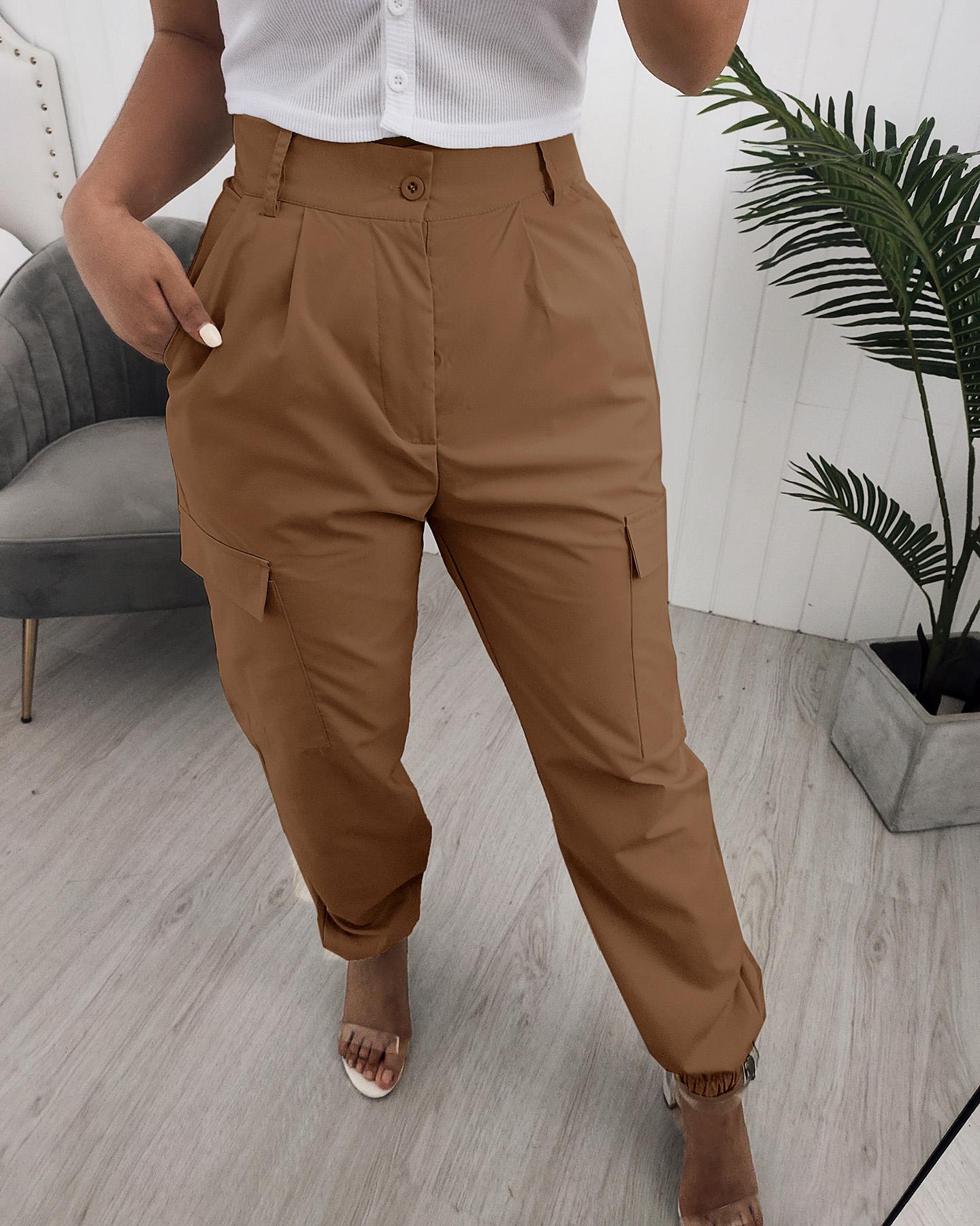 

Pocket Design High Waist Cargo Pants, Khaki
