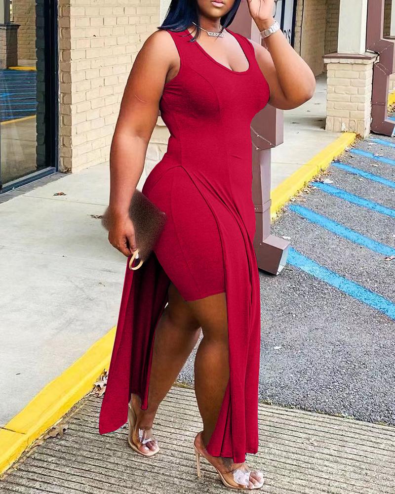 

U Neck High Slit Longline Top & Shorts Set, Red
