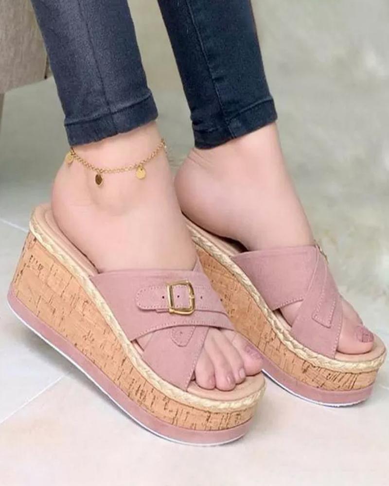 

Cross Strap Buckled Platform Slippers, Pink