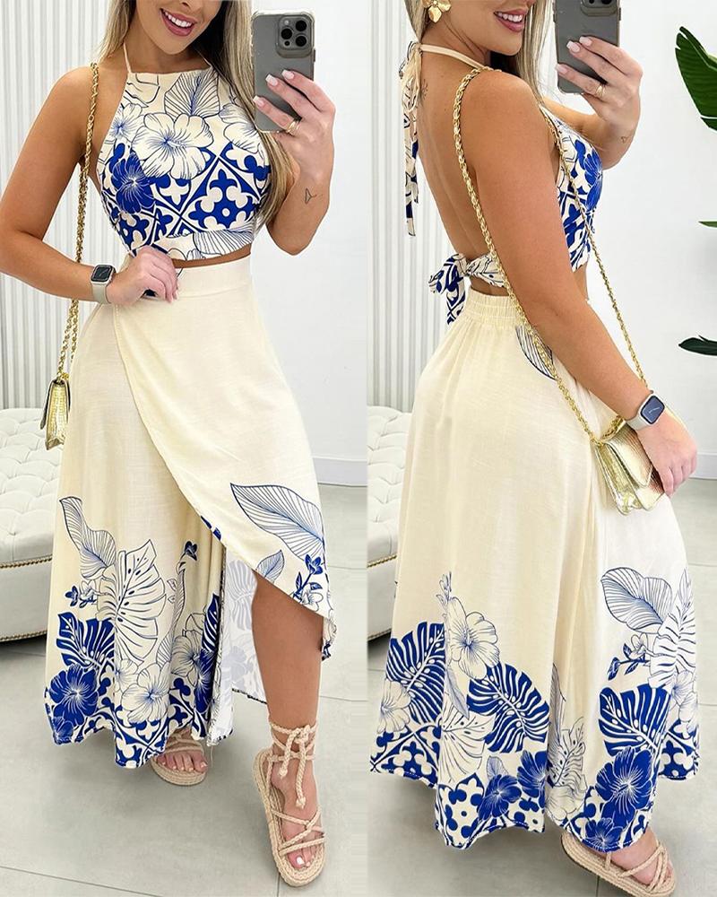 

2PCS/Set Tropical Print Halter Top & Slit Skirt Set, Blue