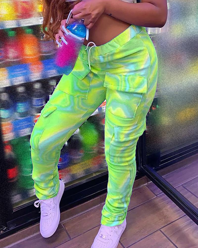 

Colorblock Drawstring Pocket Design Casual Pants, Green