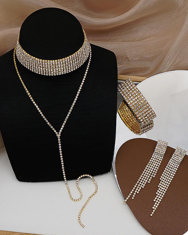 

Rhinestone Decor Necklace & Tassel Design Earrings & Bracelet Set, Gold