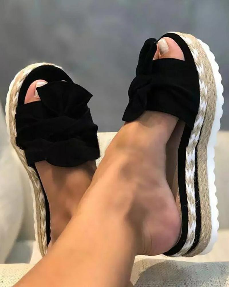 

Bowknot Design Woven Flax Slippers, Black