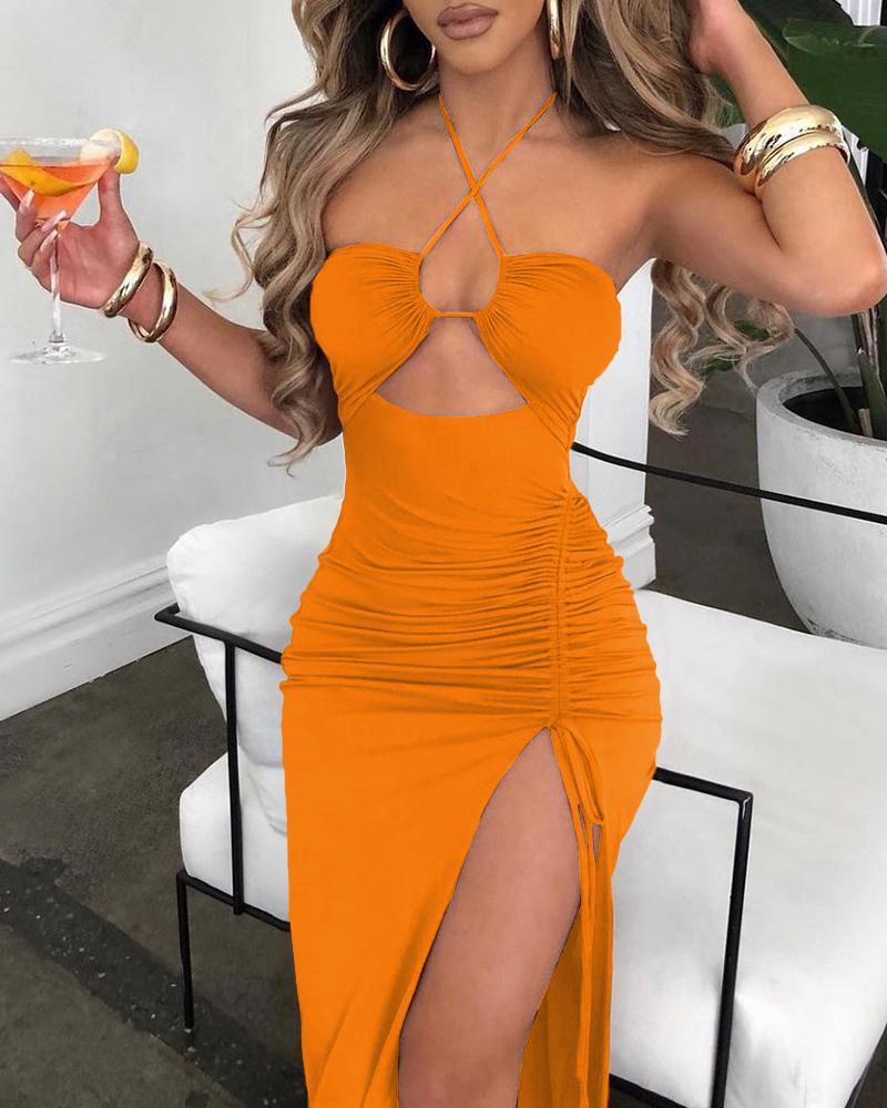 

Chocolate Cutout Drawstring Ruched High Slit Dress, Orange