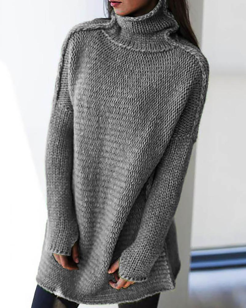 

High Neck Long Sleeve Casual Sweater, Gray