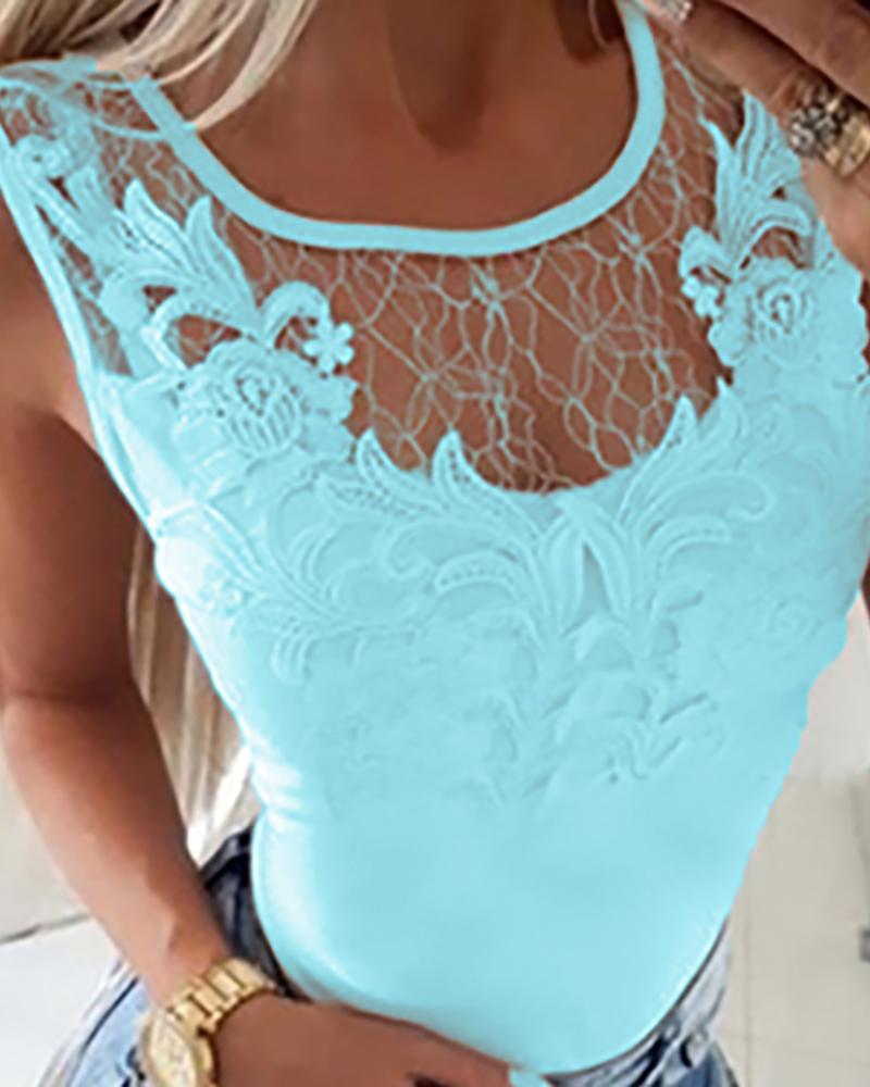 

Lace Applique Mesh Stitching Cutout Back Women Top, Blue