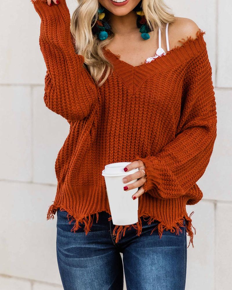 

Plain Long Sleeve Tassel Design Sweater, Khaki